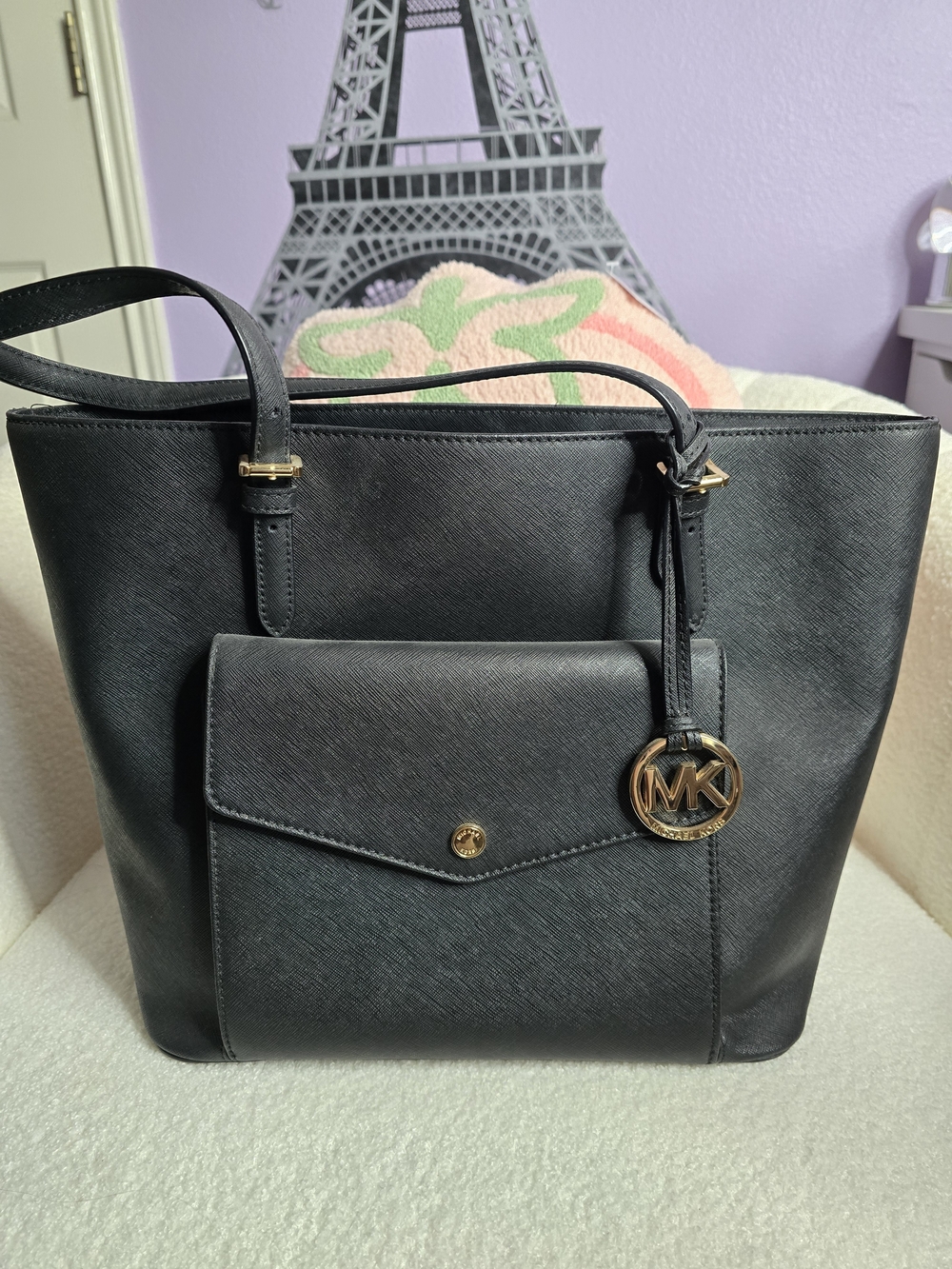Michael Kors Black Saffiano Leather Tote with Front Pocket